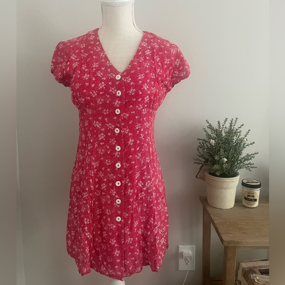 Vintage 90s Mini Dress XS/S Red White Floral Corset Tie-Back Empire Waist